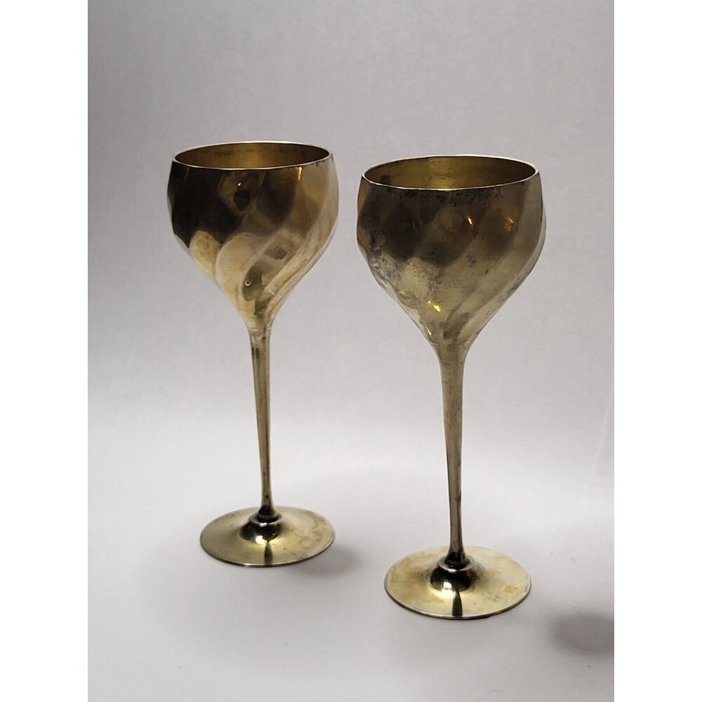 2 Vintage Solid Brass Wine Champagne Goblets with Patina Made in India 8" Tall